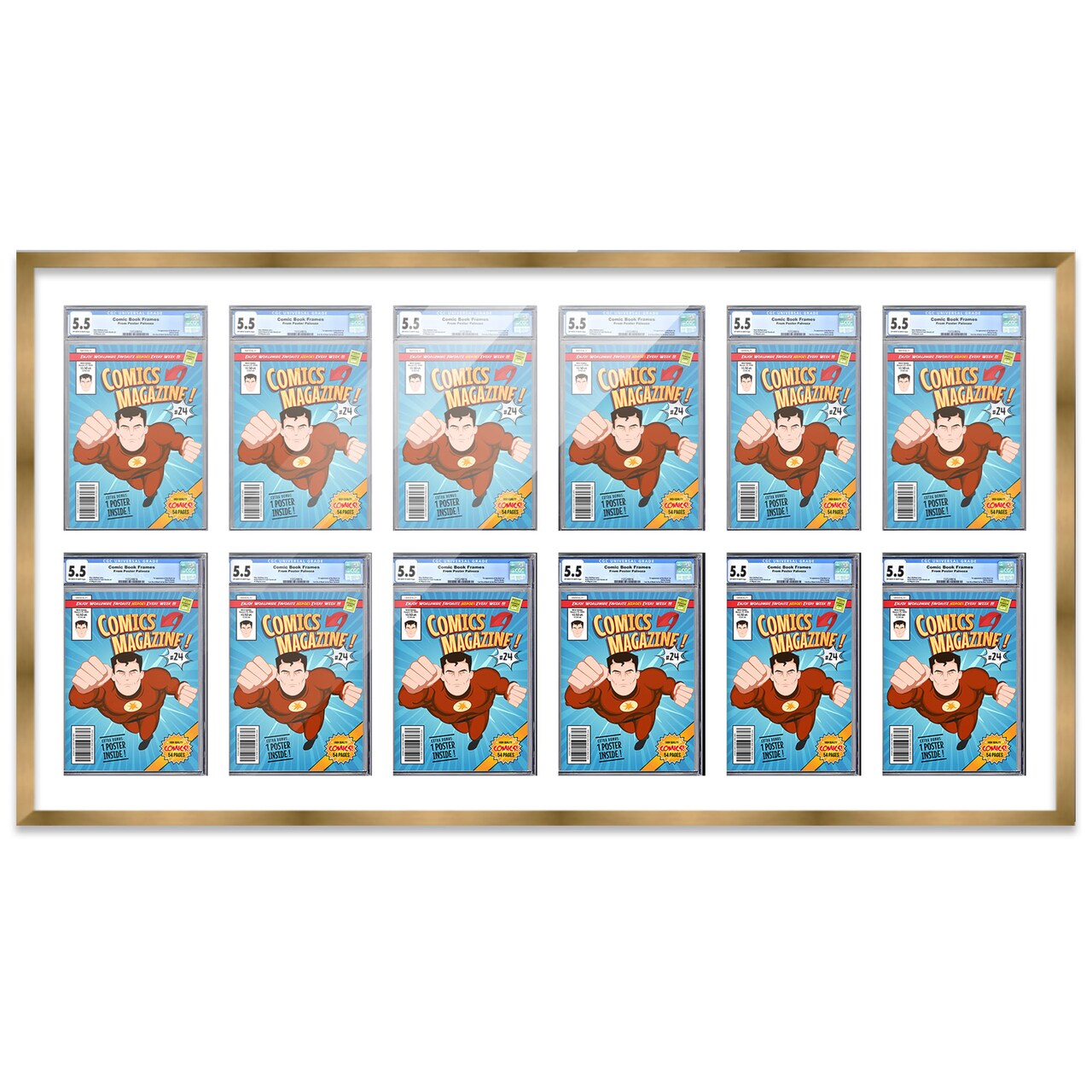 Comic Book Display Frame for CGC, PGX Graded, Slabed Comics - Bronze Wood Comic Frame With White Mat for 8.125x13 Comics, 18 Frame Sizes